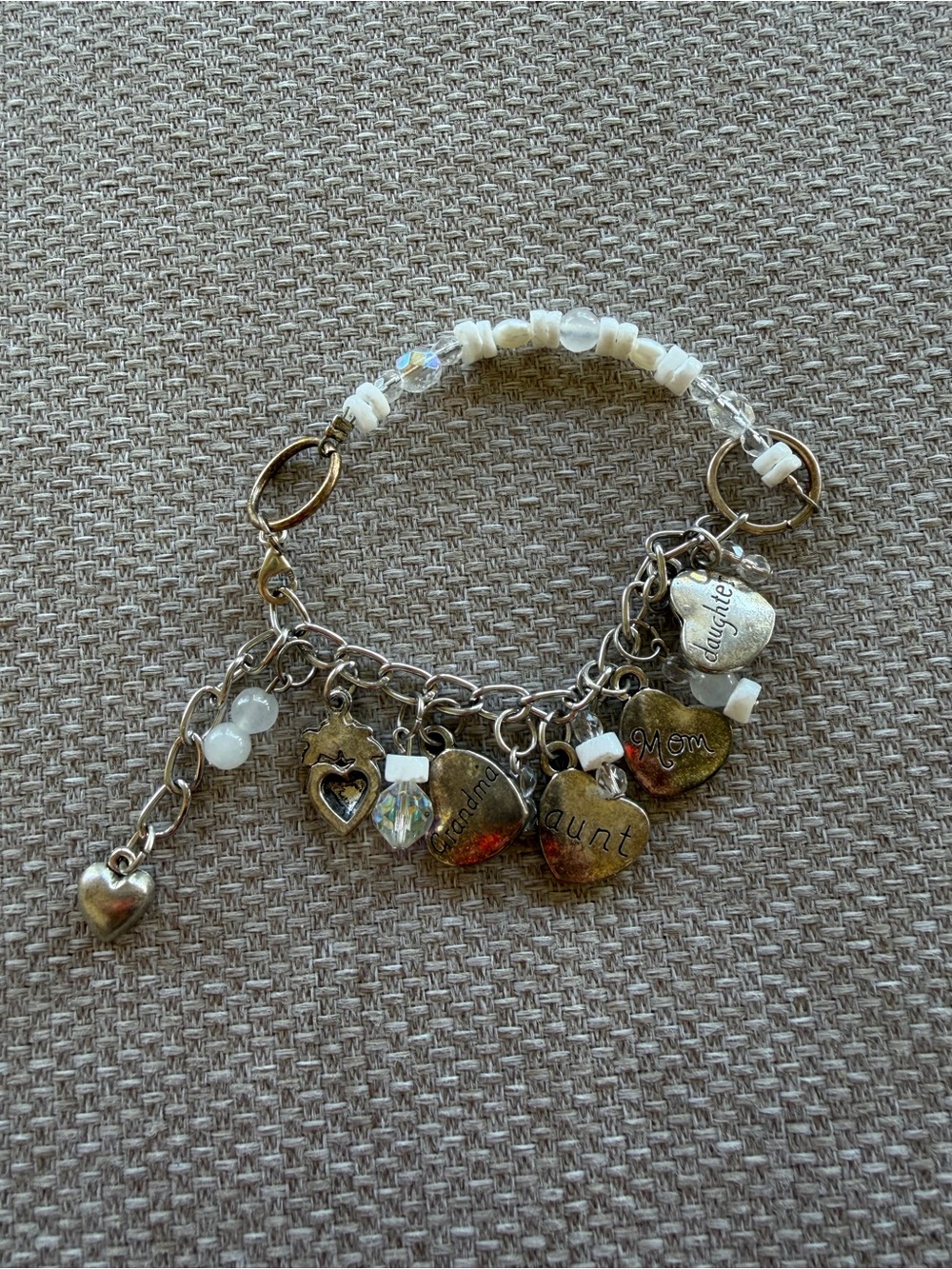 Silver-Tone Family Heart Charm Bracelet with White Beads